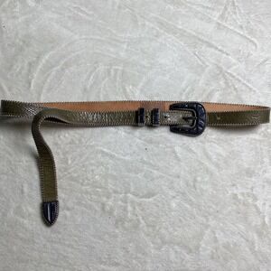 Olive Green Leather Western Belt Silver Ball Chain Trim Stone Buckle Small